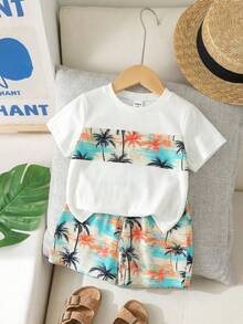 SHEIN Playful Pals 2件套幼儿男童夏季度假椰子树热带植物印花圆领短袖T恤和松紧腰短裤套装，婴幼儿服装，男童T恤套装，夏季套装，适合6个月至3岁，海滩度假风，休闲假日风 - 白色 - 查看 3