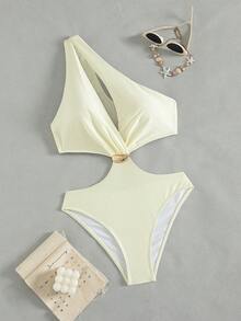 Swim Chiccia Ladies' Spring/Summer Beach Music Festival One Shoulder Hollow Fold Metal Jewelry Fashionable And Elegant One Piece Integrated Swimsuit - Apricot - View 6