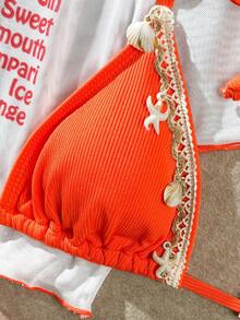 SoleilVie Costume da bagno da donna, in tessuto di rete bianco, con taglio sulla vita, stampa a cocktail con bordo arancione, tessuto a costine con decorazioni a forma di stella marina e conchiglia, stile dolce da spiaggia per vacanze - Multicolore - Visualizzare 8