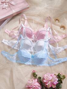 SHEIN 3件套性感蕾丝钢圈文胸套装，女士情人节礼物 - 彩色 - 查看 1