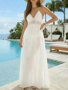 Swim Lushoire Women's Crochet Knitted Maxi Dress With Side Slit, Vacation Style - White - View 1
