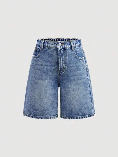 SHEIN Tween Girls Y2K Fashion Streetwear Ligh Blue Washed Denim Loose Baggy High Waist Bermuda Shorts Denim Baggy Long Short, Girls Summer Concert Rave Feastival Outfits,Graduation Loose Shorts Outfits,Girls Summer Brunch Outfits,Beach Vacation Outfits Tween Girl,Country Concert Outfit