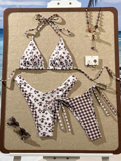 Swim Mod 3pcs Women's Plaid & Ditsy Floral Reversible Tie-Side High Cut Wrap Bikini Swimwear Set, Romantic Beach Vacation
