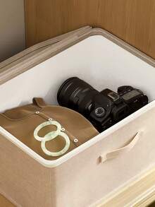 Fabric Storage Bin Foldable Cloth Box With Lid For Clothes Toys & Home Organization Cotton Linen Organizer For Bedroom - Beige - View 3