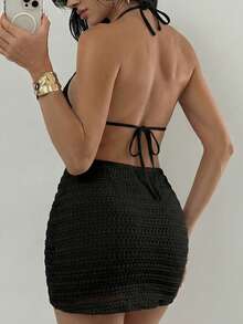 SHEIN Swim Summer Beach Halter Triangle Bikini Set With Beach Skirt - Black - View 2