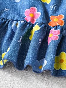 SHEIN Playful Pals 女婴休闲可爱碎花牛仔印花连衣裙，适合休闲度假，夏季可爱装扮 - 藍色 - 查看 8