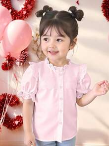 SHEIN Elladie kids 年轻女孩休闲花卉荷叶边泡泡袖短袖纯色衬衫，适合夏季休闲粉色衬衫 - 粉色 - 查看 4