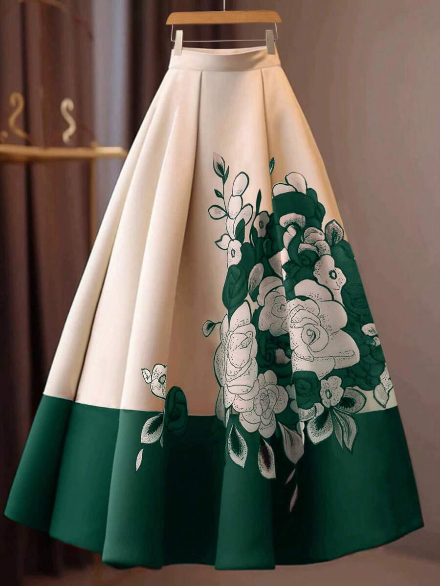 GlowEve 女士时尚优雅印花喇叭裙 - 墨綠色 - 查看 1