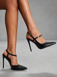 CUCCOO SZL Giày cao gót nữ màu đen kiểu slingback với khóa trang trí. - Đá đen - Xem 7