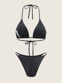 SHEIN Swim 女士吊带比基尼套装 夏季海滩 - 黑色 - 查看 3