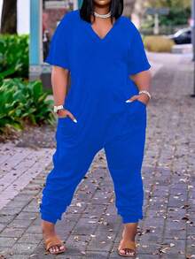 SHEIN Plus Size Women's Solid Color Minimalist V-Neck Short Sleeve Jumpsuit For Daily Wear,Summer,Casual,Holiday - Royal Blue - View 3