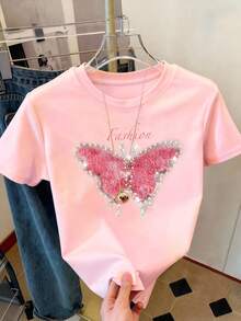 Resyla Lace Studded Bow Decor Fashionable Minimalist Women's Regular Short Sleeve Round Neck T-Shirt, Gift For Friends - Baby Pink - View 4