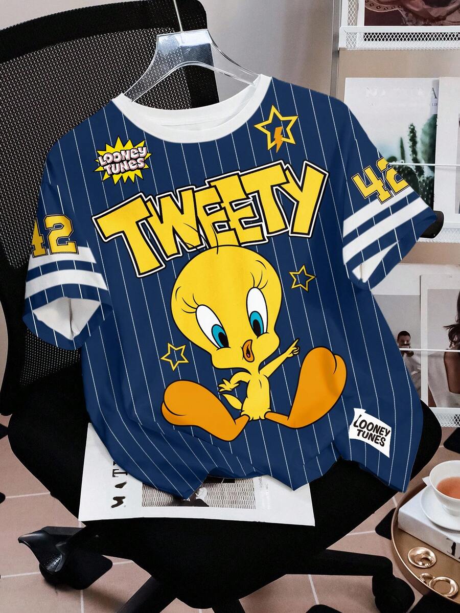 LOONEY TUNES X SHEIN 女士条纹卡通图案休闲圆领短袖T恤 - 白色 - 查看 1