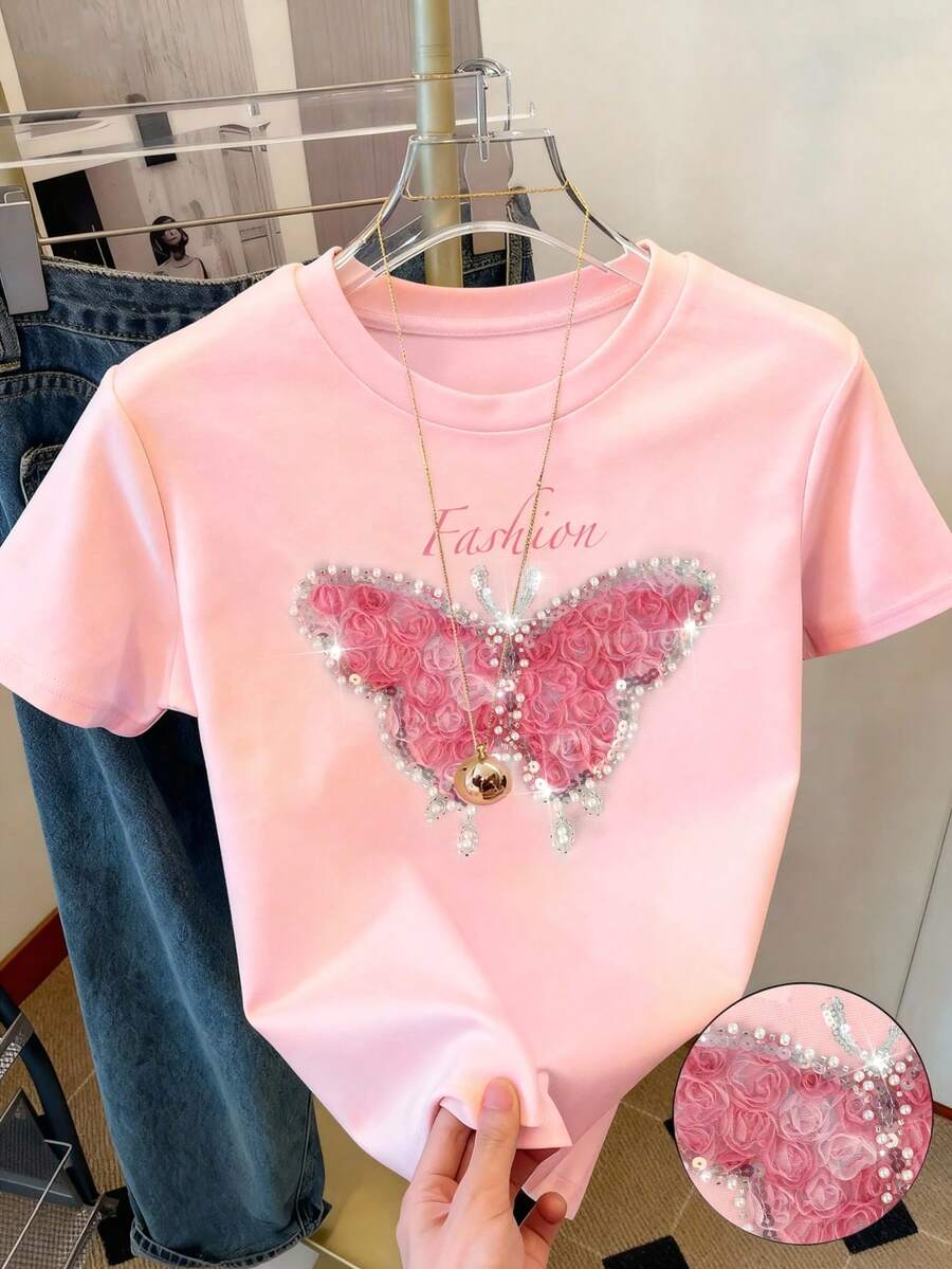 Resyla Lace Studded Bow Decor Fashionable Minimalist Women's Regular Short Sleeve Round Neck T-Shirt, Gift For Friends - Baby Pink - View 1