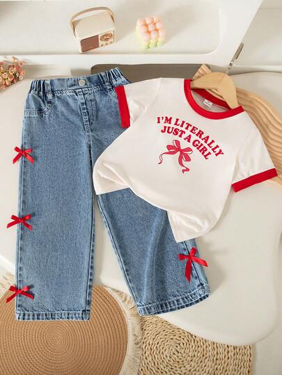 SHEIN Genkimix Kids Girls Toddler Summer New Simple Collar Splice Color English Bow Print T-Shirt Casual Straight Elastic Waist Pants Side Bow Denim Long Pants Summer Casual Fashionable Sweet Suit