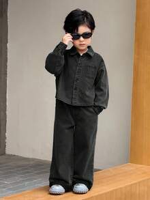 SHEIN 2pcs Young BoyGray Denim Lapel Long Sleeve Shirt And Loose Fit Pants Set - Black - View 6