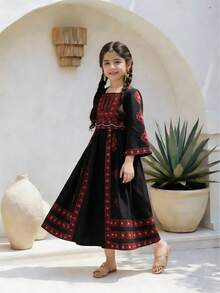 Young Girls' Print Pattern Belted Square Neck Dress, Suitable For Casual, Holiday, & Cute Daily Wear, Spring/Autumn - Black - View 4