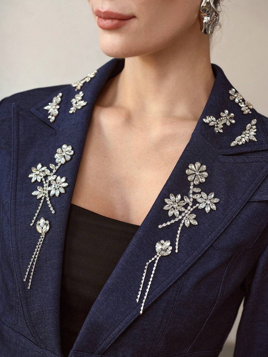 MOTF PREMIUM WOMEN'S RHINESTONE EMBELLISHED DENIM JACKET - Blue - View 2