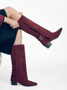 Ontre Sepatu Bot Setengah Betis Wanita Kasual Warna Polos dengan Hiasan Gesper - Bordeaux - View 4