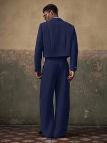 AKNOTIC 2 pièces Ensemble veste décontractée à manches longues et pantalon droit ample pour hommes - Bleu marine - Voir 3