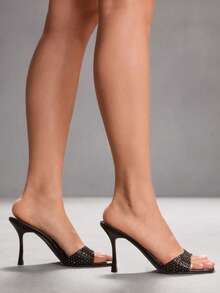 CUCCOO SZL Women's High Heel Sandals, Thin Heel, French Style Black Sandals With Rhinestone Sparkle, Vacation Sandals - Black - View 4