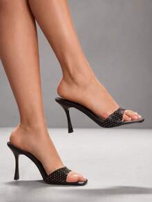 CUCCOO SZL Women's High Heel Sandals, Thin Heel, French Style Black Sandals With Rhinestone Sparkle, Vacation Sandals - Black - View 5