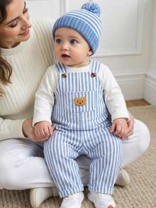 1PC Baby Boys' Blue & White Striped Bear Graphic Jumpsuit, Suitable For Outdoor Play, Comfortable Home Wear, Casual Sports, And Birthday Party Baby Boy Overall Set Blue Stripe Baby Boy Outfit Baby New Born Clothes Baby Unisex Clothes Sets - Blue - View 1