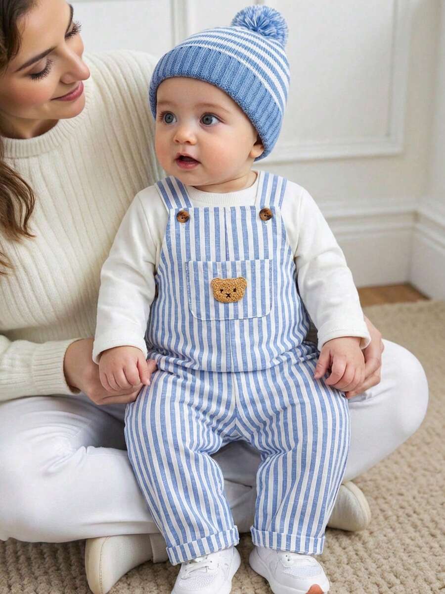 1PC Baby Boys' Blue & White Striped Bear Graphic Jumpsuit, Suitable For Outdoor Play, Comfortable Home Wear, Casual Sports, And Birthday Party Baby Boy Overall Set Blue Stripe Baby Boy Outfit Baby New Born Clothes Baby Unisex Clothes Sets - Blue - View 1