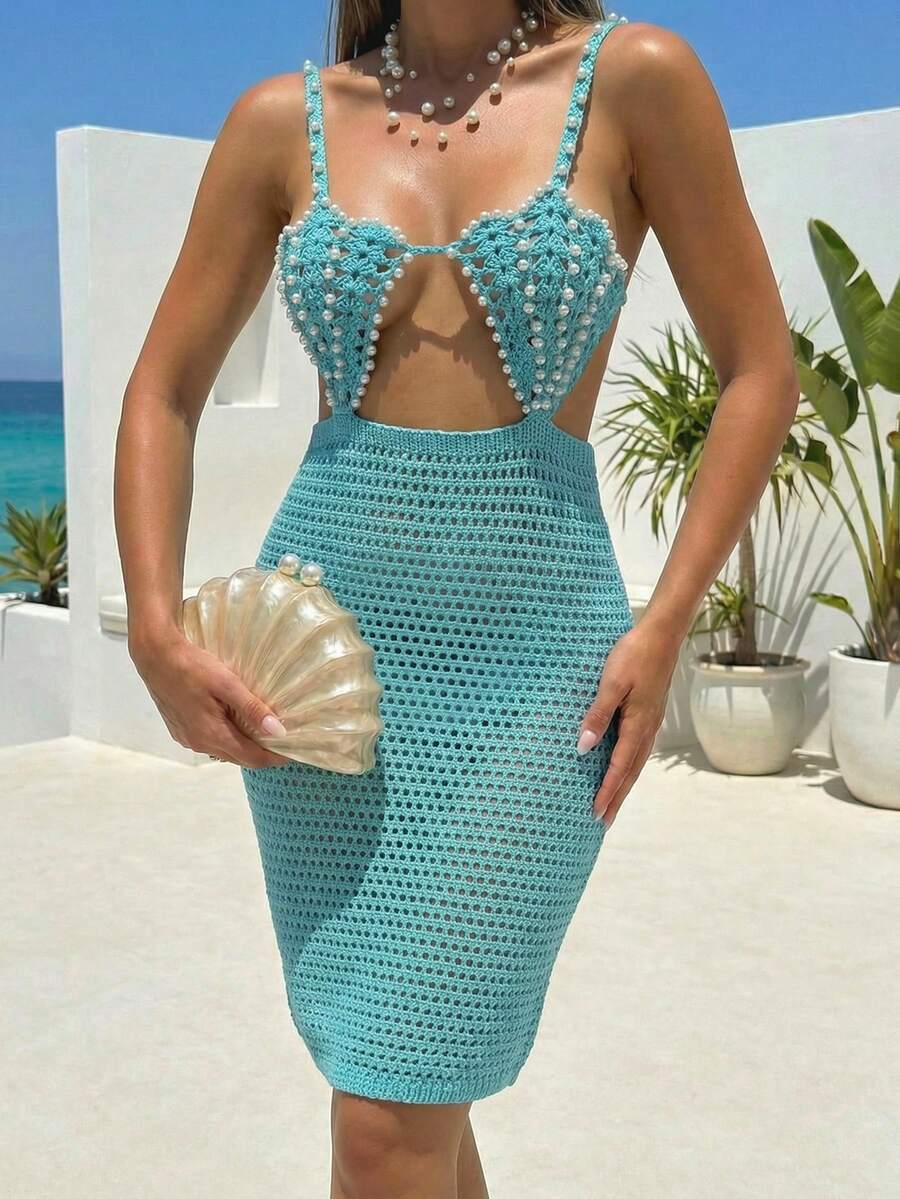 Swim SXY Handmade Crochet Knit Dress Women Bodycon Tunic - Mint Blue - View 1