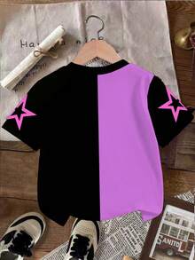 1pc Cute & Cool Kpop Girl Graphic Colorblock Short Sleeve Top, Loose Fit, Suitable For Spring, Summer, Autumn, Winter, Great Gift For Young Girls - Black - View 2