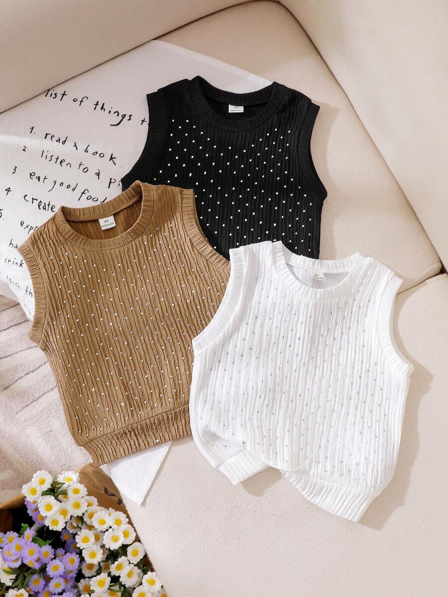 3件装女童（小号）针织圆领无袖背心，纹理面料饰有水钻，纯色，休闲日常穿着，夏季 - 彩色 - 查看 1