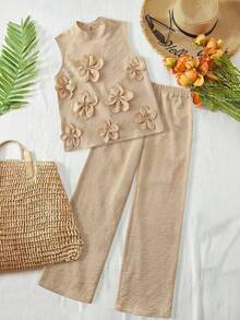 Editum 女士新款时尚优雅浪漫3D立体花卉上衣和阔腿裤两件套 - 杏色 - 查看 3