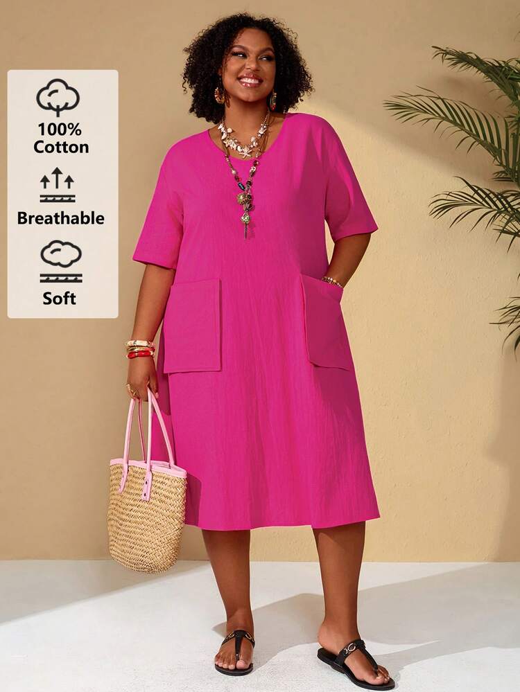 Plus Size Casual Solid Color Dual Pocket Dress For Summer/ Vacation Summer Dress  Summer Outfits Summer Clothes Spring Dress Spring Outfit Women Spring Clothing  Beach Vacation Outfits For Women Vacation Dress Bohemian Plus Size Dress With Pockets Plus Size Vacation Dress Plus Size Casual Dress Summer Plus Size Dress