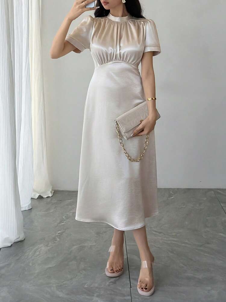 Women's Elegant Elegant Simple Solid Color Stand Collar Puff Sleeve Waist Cinched Long Dress, Summer Sundress
