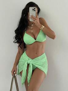 SHEIN Swim Women's Solid Color Halter Sexy Bikini Set With Cover Up Skirt Three-Piece Suit, Hard Shell Edition Summer - Mint Green - View 4