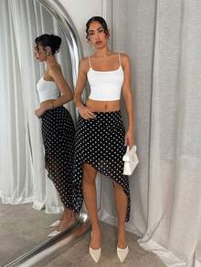Glamine 女士波点不对称下摆时尚百搭约会外出半身裙 - 黑色 - 查看 3