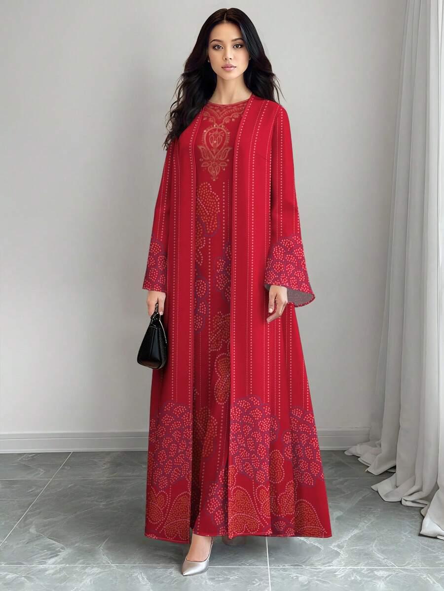 SHEIN Najma 女士复古花卉葡萄印花长袖休闲阿拉伯风格套装，春秋季 - 彩色 - 查看 1