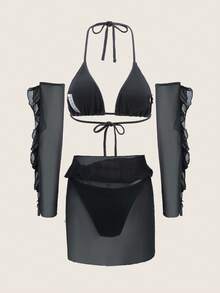 SHEIN Swim 女士吊带比基尼套装 夏季海滩 - 黑色 - 查看 2