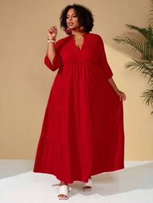 BrightlyHer Plus Size Red Satin Boho Dress For Women,Solid Color Maxi Casual Vacation Holiday Outfits,Autumn Spring Bohemian Beach Clothing,Summer Plus Dresses - Burgundy - View 4