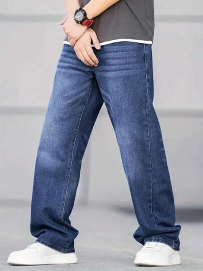 Pantalones casuales rectos regulares para hombres, jeans semi-formales chic para negocios Jeans de Pierna Recta y Ajuste Delgado para Hombre - Pantalones de Mezclilla Casuales y Listos para Negocios, Mezcla de Algodón Elástico, Cintura Media