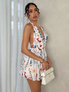 Glamine Women's Printed Jumpsuit, Halter Backless Jumpsuit, Romantic Vacation Jumpsuit For Summer - White - View 4