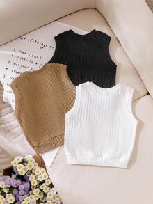 3件装女童（小号）针织圆领无袖背心，纹理面料饰有水钻，纯色，休闲日常穿着，夏季 - 彩色 - 查看 2