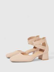 Sleekvia 女鞋方头粗跟杏色时尚镂空松紧带优雅百搭舒适通勤女式高跟鞋镂空鞋 - 奶茶杏 - 查看 3