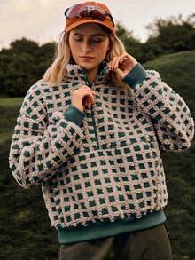 Avenne Plaid Zip-Up Long Sleeve Casual Sweatshirt For Women - Green - View 5