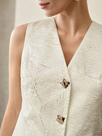 MOTF PREMIUM Aprikosfärgad texturerad v-ringad ärmlös väst och byxor för kvinnor, 2-delat set