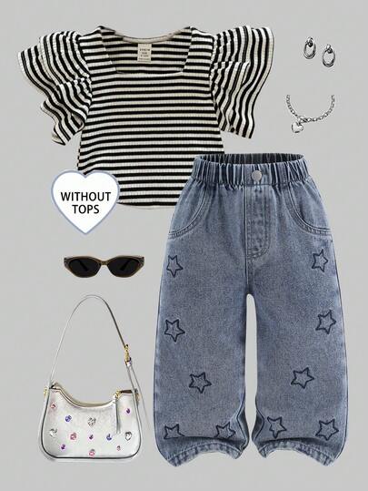 Baby Girls Cute Style Denim Jeans, Spring/Summer & Autumn/Winter, Medium Blue Denim Color, Blue Star Embroidery Design, Loose Straight Leg, Soft & Comfortable Fabric, Suitable For School, Commute, And Daily Wear