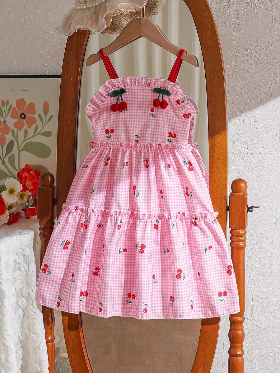 SHEIN Young Girls Cherry Digital Print Dress With 3D Cherry Frill Trim, Sleeveless A-Line, Casual, Beach, Party, Summer - Pink - View 1