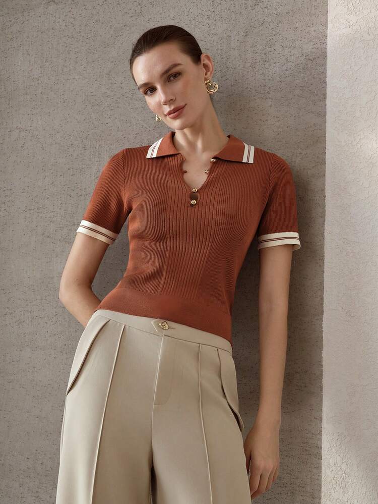 VINTAGE RED-BROWN COLLARED SHORT SLEEVE KNIT TOP