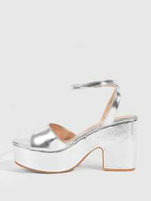 CUCCOO SZL 女士时尚银色踝带舒适厚底高跟凉鞋，适合约会、聚会、派对及各种场合。 - 銀色 - 查看 4