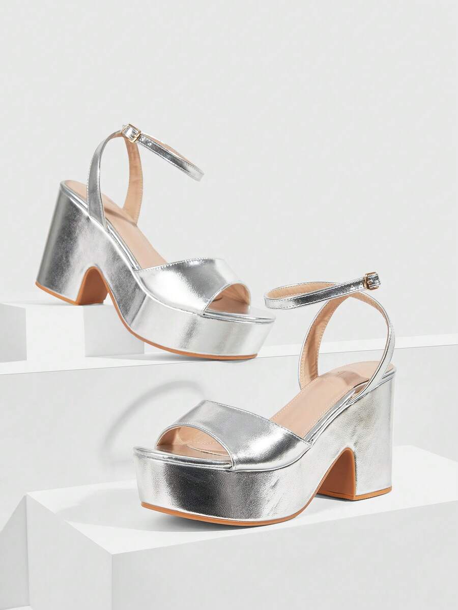 CUCCOO SZL 女士时尚银色踝带舒适厚底高跟凉鞋，适合约会、聚会、派对及各种场合。 - 銀色 - 查看 1